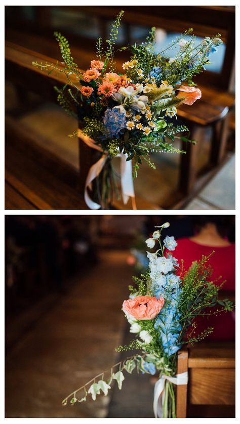 End Of Summer Wedding Ideas, Wild Flower Wedding Theme Ceremony Decor, Wild Flower Wedding Decor, Wildflower Wedding Aisle, Church Flowers Wedding, Church Decorations Ideas, Church Wedding Flowers Altar, Wedding Ideas Church, French Weddings