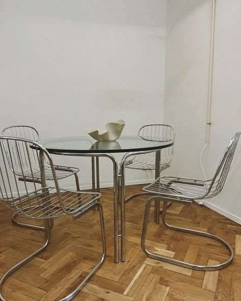 Gastone Rinaldi for Rima, dining table with four chairs . 1970s . #gastonerinaldi #rinaldi #70sinteriors #chrome #chromeinterior #70sfurniture #midcenturymodern #midcentury #designclassic #ulm #mamointeriors #glasstable #diningset 70s Furniture, Glass Table, Midcentury Modern, Dining Set, 1970s, Dining Table, Mid Century, On Instagram, Quick Saves