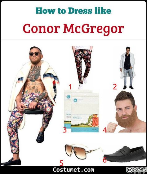 Conor McGregor Costume for Cosplay & Halloween Conor Mcgregor Halloween Costume, Conor Mcgregor Costume, Fake Beards, Black Loafer Shoes, Gorilla Tattoo, White Faux Fur Coat, Paisley Pants, Dark Sunglasses, Black Halloween Dress