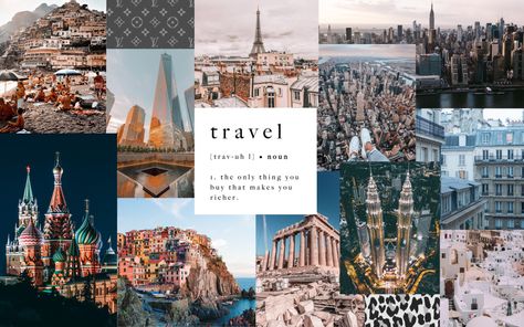 Travel Desktop Wallpaper Aesthetic, Macbook Wallpaper Travel, Travel Collage Wallpaper Laptop, Travel Laptop Wallpaper, Walpapper Notebook, Travel Wallpaper Laptop, Travel Aesthetic Wallpaper Laptop, Labtob Wallpaper, Travel Wallpaper Desktop