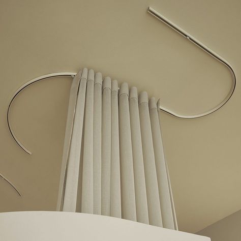 Curtain Architecture, Ceiling Mounted Curtain Track, Curtains Office, Ceiling Mounted Curtains, Curved Curtain, Room Division, Curved Curtain Rods, Massage Room Design, Curtain Designs For Bedroom