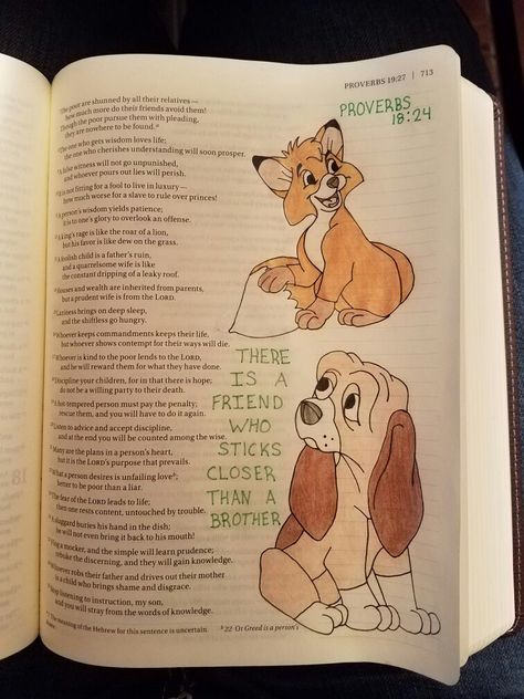 Terra Ragan: Bible Journal - Proverbs 18:24 Fox and the hound Disney Disney Bible Journaling, Bible Drawing, Bible Doodling, Bible Study Methods, Bible Journal Notes, Bible Journaling Ideas Drawings, Bible Illustrations, Inspire Bible Journaling, Bible Time