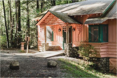 Spence Cabin is located in the Elkmont district of the Great Smoky Mountains National Park. It's a pink cabin in the woods on the bank of the Little River. Pink Cabin, Cabin In Washington State, Wood Cabin In Forest, Gatlinburg Elopement, Cabin In Tennessee Mountains, Spence Cabin, Spence Cabin Wedding Great Smoky Mountains, Green Mountains Vermont, Tennessee Cabins Rentals