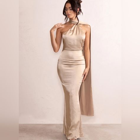 Club L London Mademoiselle Dress Size 6 Champagne Never Worn Champagne Color Dress, Satin Design, Midi Bridesmaid Dress, Stretch Satin Fabric, Maxi Dresses Uk, Champagne Bridesmaid Dresses, Champagne Bridesmaid, Club L London, Champagne Dress