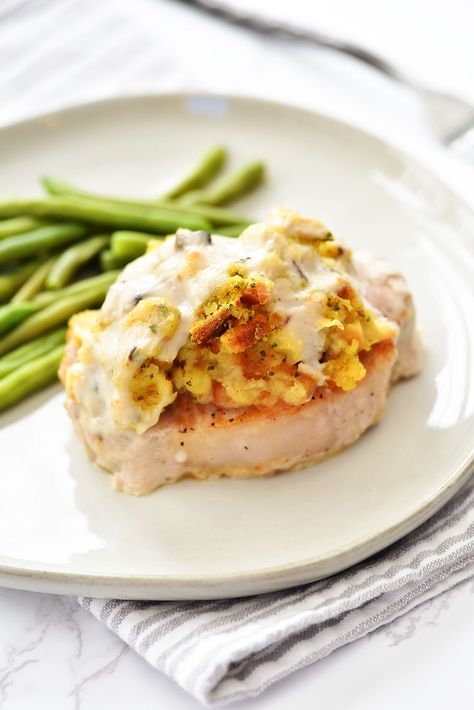 Stuffing-Topped Pork Chops Pork Chops With Stuffing On Top, Pork Casseroles, Pork Stuffing, Life In The Lofthouse, Stove Top Stuffing, Stuffed Pork Chops, Easy Pork Chops, Pork Chop Recipes Baked, Pork Chop Dinner