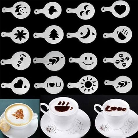 16stk. Streuer Cappuccino Schablone Kaffee Kakaostreuer Motive Deko Dekostreuer Schablone Coffee Cake Decoration, Barista Cafe, Coffee Stencil, Coffee Facts, Cappuccino Machine, Coffee Barista, Cappuccino Coffee, Milk Cake, Creative Coffee