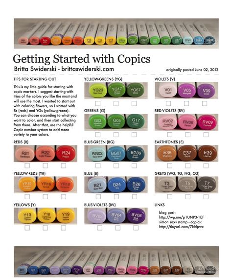 Copic Sketch markers. Starter set. Source: http://brittaswiderski.com/wp-content/uploads/2012/06/06-02-12-Getting-Started-with-Copics.pdf Copic Markers Tutorial, Copic Pens, Copic Marker Art, Copic Art, Coloring Tips, Copic Sketch Markers, Spectrum Noir, Copic Sketch, Coloring Tutorial