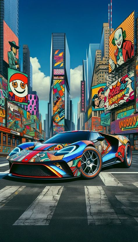 A colorful, comic-art-inspired sports car positioned against a backdrop of comic-themed skyscrapers and billboards, curated for an iPhone Wallpaper. Home Screen Wallpaper Hd, E60 Bmw, Car Iphone Wallpaper, Pop Art Images, Mobil Drift, Bmw Wallpapers, Iphone Wallpaper Hd Nature, Car Artwork, Cool Car Pictures