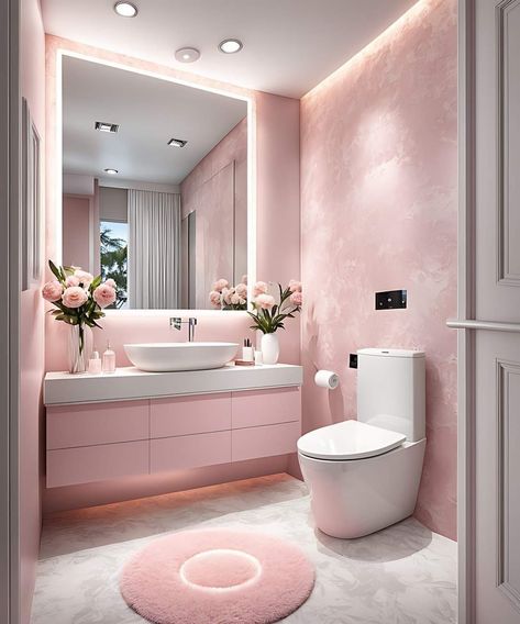 Pink Studio Apartment Ideas, Pink Bathroom Inspiration, Sister Bathroom Ideas, Blush Pink Bathroom Ideas, Pink Toilet Bathroom, Pink Restroom, Pink Aesthetic Bathroom, Beauty Center Design, Pink Tile Bathroom Ideas