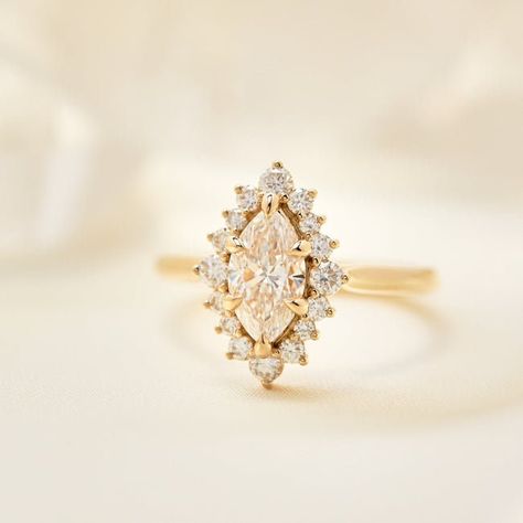 Marquise Ring With Halo, Halo Marquise Engagement Ring, Marquise Halo Engagement Ring, Marquise Rings, Diamond Shaped Engagement Ring, Marquise Cut Diamond Engagement Rings, Gold Ring Unique, Deco Wedding Ring, Art Deco Wedding Ring