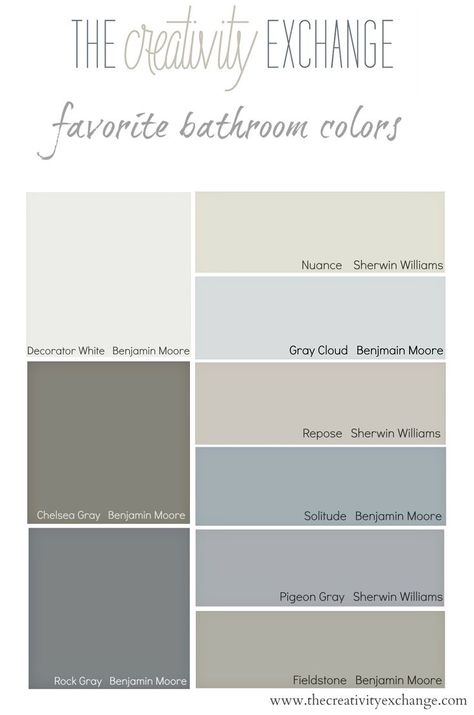 Favorite bathroom wall and cabinet colors   {Paint It Monday} The Creativity Exchange The Creativity Exchange, Best Bathroom Colors, Bathroom Wall Colors, Benjamin Moore Gray, Interior Paint Colors Schemes, Choosing Paint Colours, Cabinet Wall, Bathroom Paint Colors, Neutral Paint Colors