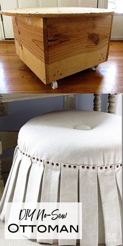 A no-sew ottoman you can make to fit any style! #Ottoman #DIY #NoSew #DIYProjects No Sew Ottoman Cover, Diy Round Ottoman, Diy Ottoman Cover, Reupholstery Ideas, Rolling Ottoman, Ottoman Diy, Reupholster Chair Dining, House Repair, Diy Ottoman