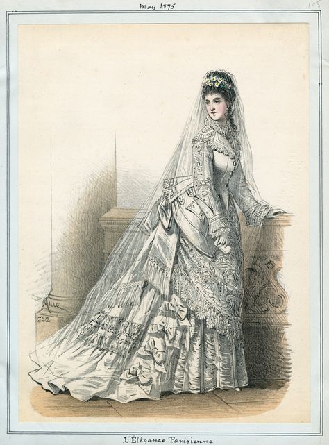 1875. wedding dress,  L'Elegance Parisienne, may 1870 Fashion, French Wedding Dress, 1870s Fashion, Victorian Era Fashion, 1800s Fashion, 19th Century Fashion, Victorian Wedding, Wedding Gowns Vintage, Old Fashion