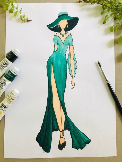 Maxi Dress Drawing, A Line Dress Illustration, Green Dress Drawing, Dress Illustration Design, Full Sleeves Design, Fashion Illustration Tutorial, Fashion Drawing Sketches, Fashion Illustrations Techniques, Dress Illustration