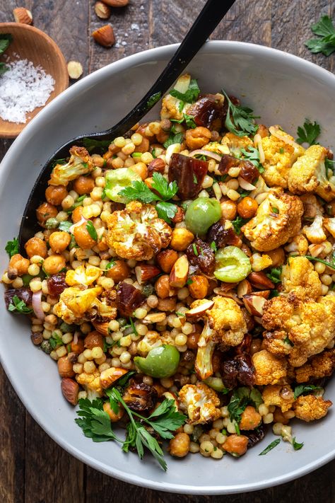 Roasted Cauliflower & Fregola Salad - Wandering Chickpea Marinated Chickpea Salad, Roast Veg Salad, Rainbow Cauliflower Recipe, Salad Buffet Ideas, Plant Based Pasta Salad, Fregola Salad, Clean Eating Recipes Vegetarian, Butterbean Salad, Wandering Chickpea