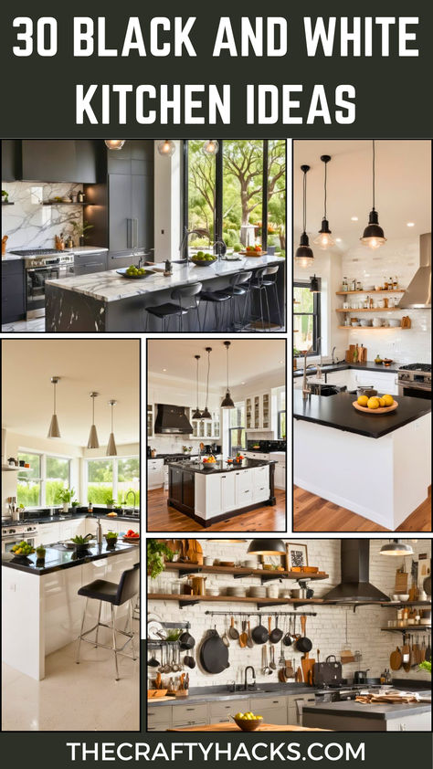 A collage of modern black and white kitchen designs featuring sleek countertops, stylish lighting, and organized shelves. Highlights include minimalist decor, wooden accents, and fresh produce on display, offering inspiration for contemporary kitchen renovations. Black White Marble Countertops, Black Upper Cabinets White Lower, Black And White Kitchens Ideas, Black Bottom Cabinets White Upper, Black And White Marble Countertops, Black And White Aesthetic Kitchen, White And Black Kitchen Ideas, Kitchen White Cabinets Black Countertop, Black White Kitchen Ideas