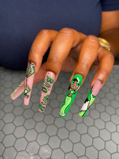 Powerpuff Nails, Green Halloween Nails, Trippy French Tip Nails, Green Trippy Nails, Puff Girl, Dope Nail Designs, Girls Nails, Get Nails, Birthday Nails