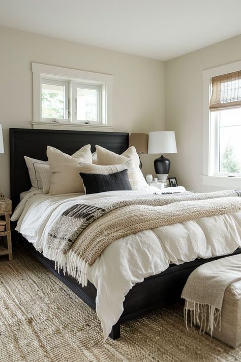 Beige Room With Black Furniture, Black White And Olive Bedroom, Black Furnished Bedroom, Black White Gold Wood Bedroom, Bedroom Decor For Black Furniture, Black Headboard Neutral Bedding, Bedding Ideas With Black Headboard, Black Bedframe Bedding, Black Linen Bedding Styling