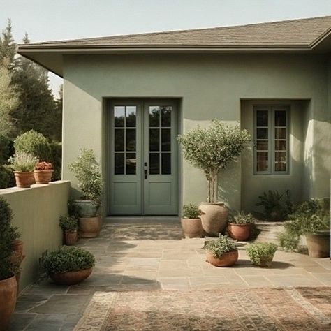 Light Green Stucco House Exterior, Green Stucco House, Dark Green House, Green Stucco, Sage Green Trim, Stucco Houses, Stucco House, Stucco Siding, Stucco Finishes