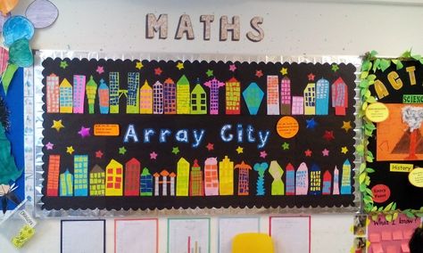 Array city display board Array City Multiplication, Array City Project, Multiplication Projects, Array City, Multiplication Art, Maths Display, Math Wall, Math Classroom Decorations, Maths Ideas