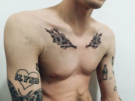 Kurtis Conner Tattoos, Rose Tattoo Placement, Collar Bone Tattoo For Men, Aa Tattoos, Men Flower Tattoo, Deep Tattoo, Kurtis Conner, Bone Tattoo, Grunge Tattoo