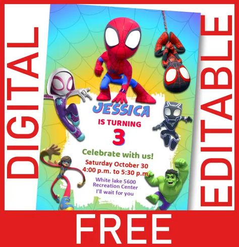 FREE Digital Card Invitation Spidey and his Amazing Friends Birthday Theme Birthday Friends Birthday Template, Friends Birthday Theme, Spiderman Birthday Party Invitations, Friends Pool Party, Friends Birthday Invitation, Spiderman Birthday Party Decorations, Spiderman Birthday Invitations, Free Invitation Cards, Birthday Party Invitations Free