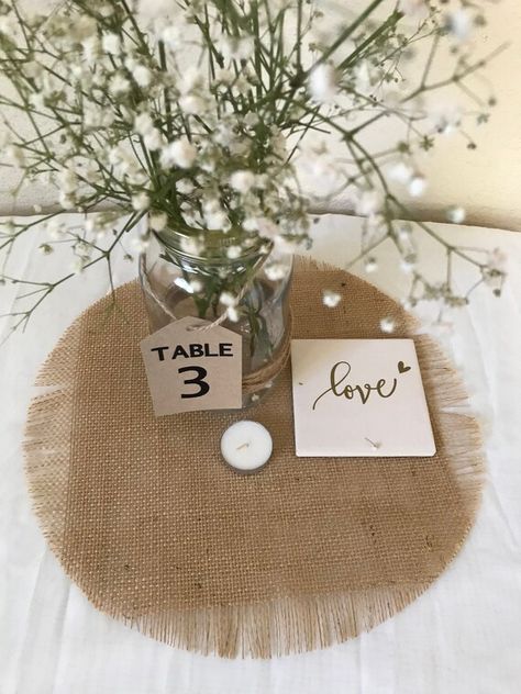 Rustic Autumn Fall Natural Burlap Round Circle Place Mats | Etsy Burlap Wedding Centerpieces, Rustic Theme Party, Burlap Wedding Table, Burlap Centerpieces, Rustic Placemats, Burlap Wedding Decorations, Banquet Centerpieces, Wedding Placemats, Round Table Decor