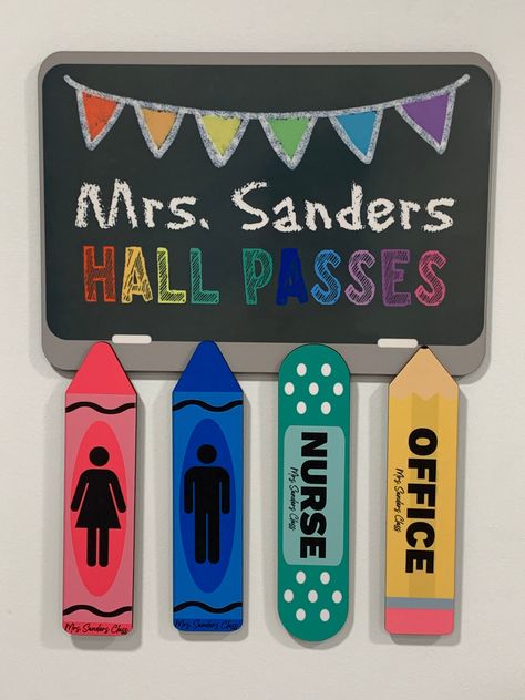 Custom Hall pass sign set that comes with 4 custom hall pass signs Hall Pas sign size-10x12 -Please note colors may vary slightly depending on computer/phone screen. Hallpass Ideas Classroom Teachers, Hall Pass Ideas, Unique Hall Pass Ideas, Restroom Passes For Classroom, Hall Passes Elementary, Diy Bathroom Passes Classroom, Classroom Hall Passes, Daycare Room Design, Teachers Room