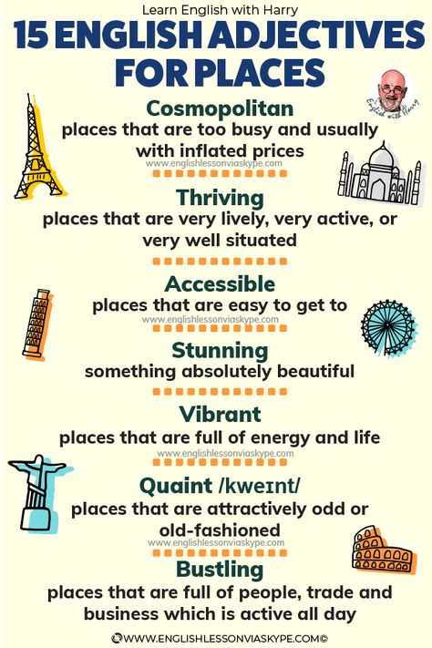 English adjectives to describe places. Touristy, modern, contemporary, lively. www.englishlessonviaskype.com #learnenglish #englishteacher #vocabulary #hoctienganh #ingles #ingilizce #английский Adjective To Describe Place, Adjectives To Describe A Place, Words To Describe Places, Adjectives Describing Places, Descriptive Words For Places, How To Describe A Place, Words To Describe A Place, Adjectives To Describe Places, Modern English Words