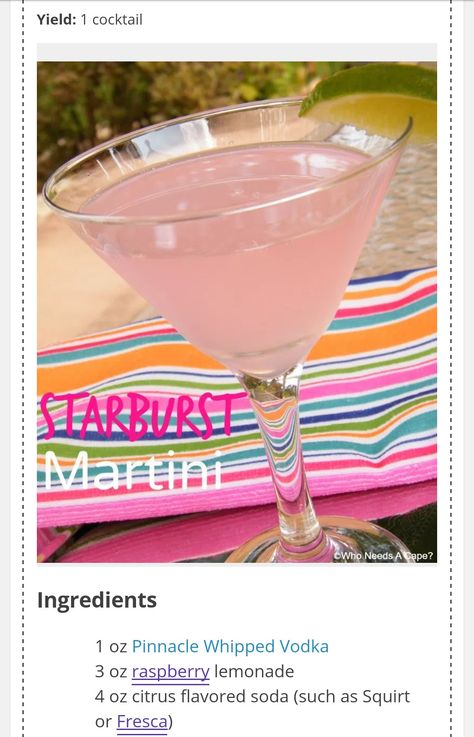 Starburst martini Starburst Vodka Recipe, Starburst Drink Alcohol, Starburst Martini, Whipped Vodka Drinks, Peach Vodka Drinks, Pink Starburst Martini, Starburst Drink, Vodka Martini With A Twist, Dessert Cocktails