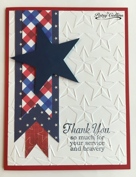 By Patsy Collins. Using up scraps to make a patriotic card. Card front dry embossed in "Stars" folder (Cuttlebug). For each banner: Cut a rectangle. Measure the width. Lay piece face down in landscape orientation. Near one small end, make mark at half the width. Make another mark 1/2" to 3/4" from end. Make dot where these two marks cross. Cut from top end corner to the dot; then cut from bottom end corner to the dot. Banner is complete. Pop up die-cut star. Sentiment from Whipper Snapper. Patriotic Cards To Make, Patriotic Cards Stampin Up 4th Of July, Cards For Veterans Ideas, Patriotic Handmade Cards, July 4th Cards Handmade, 4th Of July Cards Ideas, Military Cards Ideas, Patriotic Cards Handmade, 4th Of July Cards Handmade