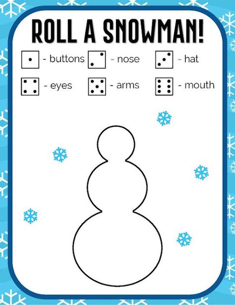 Preschool Breakfast, Snowman Dice Game, Geriatric Activities, Roll A Snowman, Snowman Template, Dice Ideas, Work Games, Snowman Ideas, Christmas Quiz