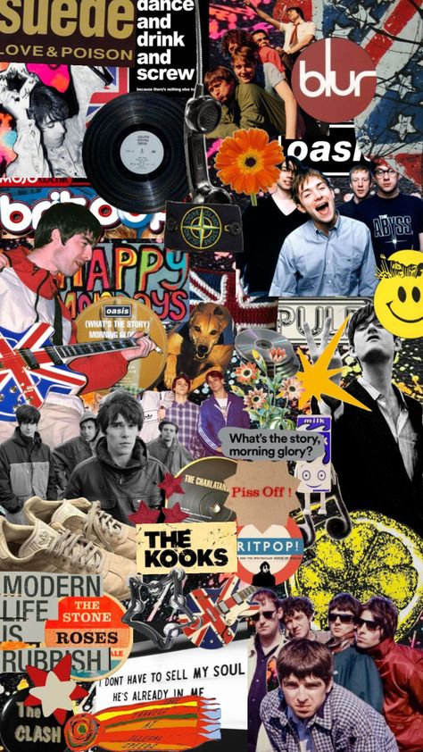 #myfirstshuffle #music #madchester #keepitlemon #oasis #blur #thestoneroses #pulp Brit Pop, Rock Aesthetic, Music Collage, 90’s Aesthetic, Trainspotting, British Invasion, Poster Room, New Ipad, Pop Rocks