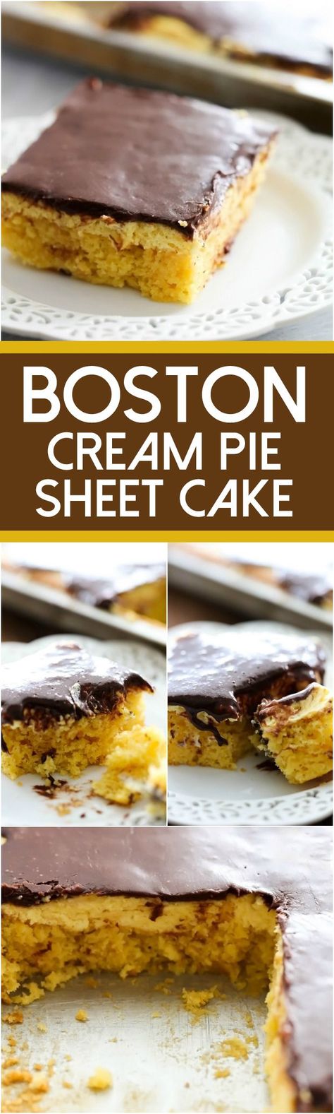 Boston Cream Pie Sheet Cake... A simple and delicious yellow cake with an incredible cream layer and smooth chocolate frosting to top it off! This serves a crowd and will be a huge hit wherever it goes! Texas Sheet Cakes, Cake Poke, Boston Cream Pie, Boston Cream, Sheet Cake Recipes, Vegetarian Cake, Sheet Cakes, Pastry Cream, Sweets Cake