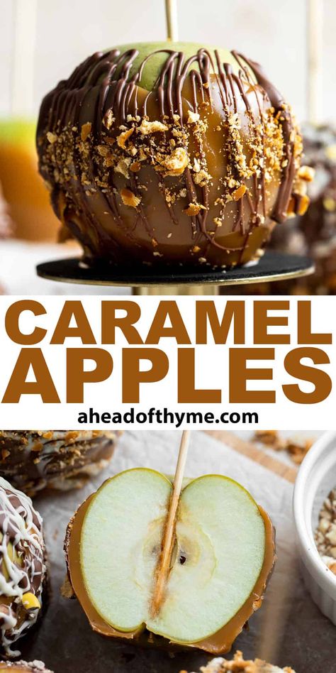 Homemade Caramel Apples are sweet, delicious, and fun to make. Chewy caramel made from scratch covers crisp, juicy apples and can be topped with a limitless selection of optional toppings to make this fall dessert irresistible. Making caramel apples at home is easier than you think with a handful of everyday ingredients and one hour of time. It is fun to make alone or with a group and a perfect party treat for holidays (Halloween!). | aheadofthyme.com #caramelapples #candyapple via @aheadofthyme Carnal Apples, How To Make Caramel Apples, Caramel For Apples, Caramel Apple Toppings, Caramel Apple Recipes, Caramel Apple Suckers, Caramel Apple Recipe, Homemade Caramel Apples, Chicken Tortillas