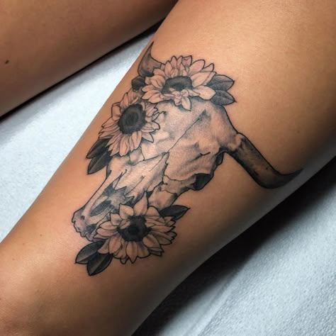 Cow With Sunflower Tattoo, Bull Skull With Sunflowers Tattoo, Cow Skull And Sunflower Tattoo, Cow And Sunflower Tattoo, Western Sunflower Tattoo, Rustic Tattoos For Women, Western Tats, Sunflower Things, Cow Skull Tattoos