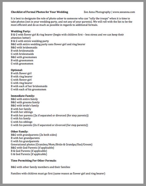 Wedding Formals Checklist | A Helping Hand for You and Your Wedding Photographer » Zee Anna Photography – Professional Wedding Photographer | Naples Wedding Photography | Fort Myers Wedding Photography | Destination Weddings Wedding Family Portraits List, Wedding Coordinator Checklist, Married Ideas, Wedding Contract, Naples Wedding, Wedding Photography Checklist, Family Wedding Photos, Reception Photos, Wedding Projects