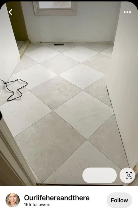 Gray And White Diamond Floor, Restroom Tile Ideas Floors, Checkered Flooring Laundry Room, French Farmhouse Master Bath, French Kitchen Flooring, Tile Wood Flooring Transition, Light Checkerboard Floor, Large Square Tile Floor, Flooring Ideas For Bathroom