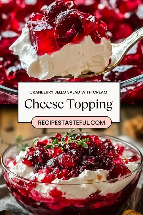 Cranberry Jello Salad with Cream Cheese Topping is a festive, tangy holiday favorite. Layers of vibrant cranberry Jello and a creamy cream cheese topping create the perfect balance of sweet and tart. Easy to make and full of holiday flavor, this dish is perfect for Thanksgiving, Christmas, or any celebration! Fresh Cranberry Jello Salad, Holiday Jello Salad, Thanksgiving Jello Salad Recipes, Cranberry Jello Salad With Cream Cheese, Thanksgiving Jello Salad, Jello Salad With Cream Cheese, Jello Salad Recipes, Thanksgiving Jello, Jello Parfait