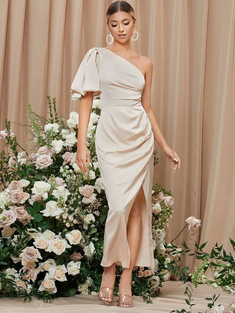 SHEIN Solid One Shoulder Lantern Sleeve Split Thigh Dress | SHEIN USA White Engagement Dresses, Split Thigh Dress, Wedding Event Dresses, Lilac Bridesmaid Dresses, Graduation Party Dresses, Embellished Fashion, Bridesmaid Dress Colors, Shein Dress, Engagement Dresses