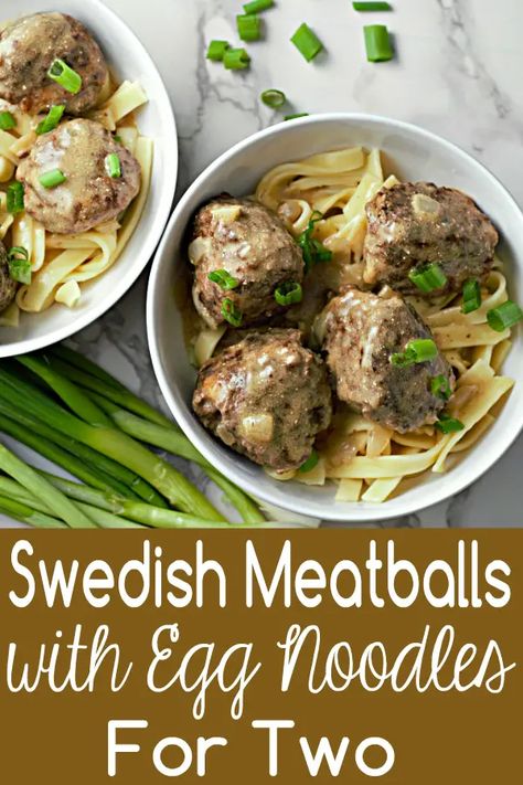 These Homemade Swedish Meatballs are tender, soft, and juicy, nestled on a bed of egg noodles and smothered in creamy savory brown gravy! The meatballs get their distinctive flavor from a bit of ground nutmeg and allspice. Use ground chicken or turkey as an alternative to the ground beef. This small batch recipe makes a perfect lunch or romantic date night dinner for two. #SwedishMeatballs #beef #meatballs #EggNoodles #DinnerForTwo #LunchForTwo #RecipesForTwo Swedish Meatballs With Egg Noodles, Meatballs With Egg Noodles, Easy Swedish Meatballs, Homemade Swedish Meatballs, Swedish Meatballs Easy, Egg Noodle Recipes, Dinner For One, Brown Gravy, Perfect Lunch