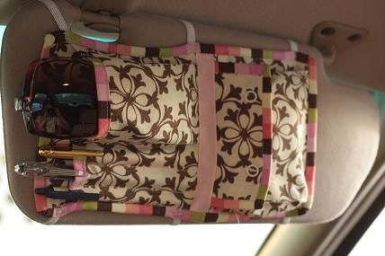 Car Visor Organizer Make with only such glasses slots, something to loop the bows over, kind of like a makeup brush organizer Car Trunk Organizer Diy, Back Seat Organizer Sewing Pattern, Back Of Seat Car Organizer Diy, Diy Car Trash Can, Car Visor Organizer, Car Organizing, Sew Gifts, Car Organizers, Visor Organizer