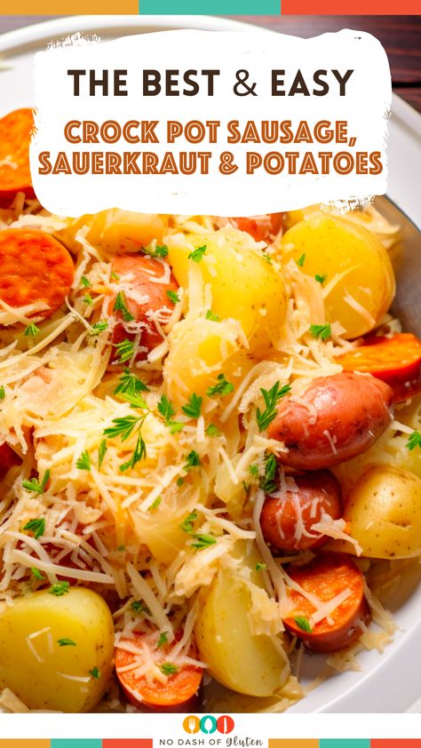 Crock Pot Sausage, Sauerkraut and Potatoes Crockpot Sauerkraut And Kielbasa, Polish Sausage Sour Kraut And Potatoes, Saurcraught Recipes, Pork And Sauerkraut Crockpot, Sausage And Sauerkraut Recipes, Sourcrout Recipes, Sauerkraut And Potatoes, Crock Pot Sausage, Sausage Crockpot Recipes