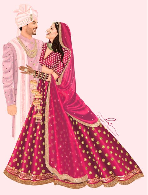 Indian Bride Groom Illustration, Wedding Couple Cartoon Marriage, Indian Wedding Cartoon, Indian Wedding Illustration Art, Wedding Caricature Indian, Indian Wedding Drawing, Caricature Wedding Invitations Indian, Indian Wedding Doodle, Indian Bride And Groom Illustration