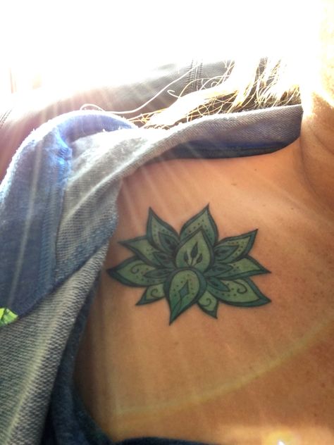 My lotus flower tattoo. I love it. #tattoo #tattoos #girlswithtattoos #ink #inked #teal #lotus #lotusflower #flowers #flowertattoo #lotustattoo #lotusflowertattoo #mandala #blue #shoulder #shouldertattoo Green Lotus Flower Tattoo, Tattoo Flower Shoulder, Tattoo Lotus Flower, Green Lotus Flower, Lotus Tattoos, Lotus Mandala Tattoo, Shoulder Tats, Tattoo Lotus, Mandala Blue