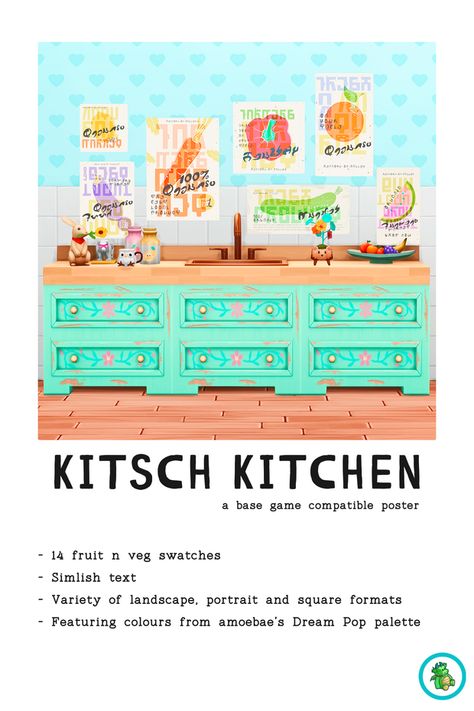 Kitsch Kitchen Posters | Pluto Sims on Patreon Scooby Dog, Coffee Table Rug, Kitchen Stickers, Sims Packs, Big Sofas, Dream Pop, Kitchen Posters, Different Vegetables, Vintage Kitsch