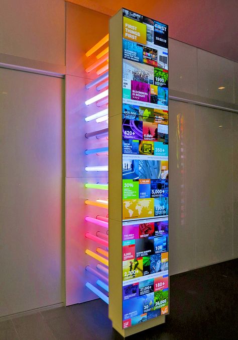 Display Wall Ideas, Interactive Wall Design, Bloomberg Office, Tech Office Design, Cinematic Architecture, Digital Signage Wall, Multitouch Table, Interactive Screen, Digital Table