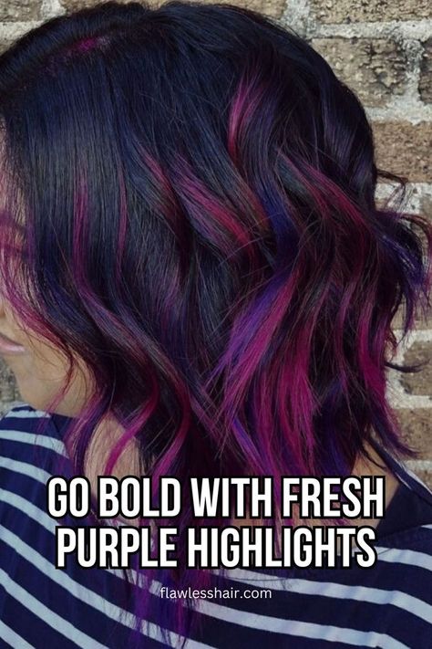 Purple And Pink Highlights Vivid Hair Color Balayage, Vivid Highlights Brown Hair, Purple Hair With Pink Highlights, Black Hair With Purple Tint, Brown To Purple Ombre, Violet Hair Colors, Dark Purple Hair, Black Hair Balayage, Cute Hair Colors