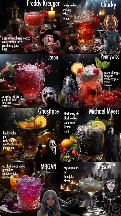 Halloween Drink Party Ideas, Halloween Party Ideas Drinks Alcohol, Vampire Diaries Alcoholic Drinks, Halloween Theme Mixed Drinks, Drink Theme Ideas, Mixed Drinks Halloween, Friday The 13 Cocktail, Summerween Party Drinks, Spooky Drinks Alcohol Recipes