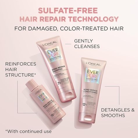 L'Oreal Paris EverPure Sulfate-Free Vegan Hair Care Kit EverPure Bond Repair Shampoo and Conditioner Set: This shampoo and conditioner helps repair the strength of weak bonds on colored, bleached or damaged hair in just 6 uses for revitalized silky, smooth hair without weigh down Sulfate Free Shampoo and Conditioner: Colored, bleached or damaged hair can become weak on the inside and out. Our shampoo and conditioner contains citric acid to penetrate the hair cortex to help rebuild weak hair ... Conditioner Packaging, Chemically Damaged Hair, Treat Damaged Hair, Heat Damaged Hair, Hair Care Kit, Vegan Hair Care, Weak Hair, Shampoo And Conditioner Set, Strengthen Hair